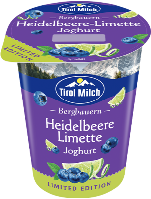 Das Bild zeigt das Tirol Milch Bergbauern Fruchtjoghurt in der Limited Edition Heidelbeere-Limette