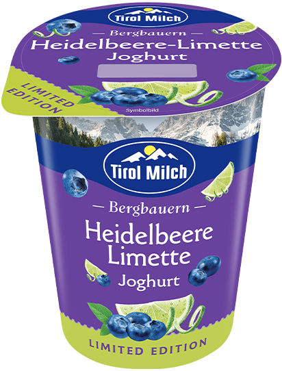 Das Bild zeigt das Tirol Milch Bergbauern Fruchtjoghurt in der Limited Edition Heidelbeere-Limette
